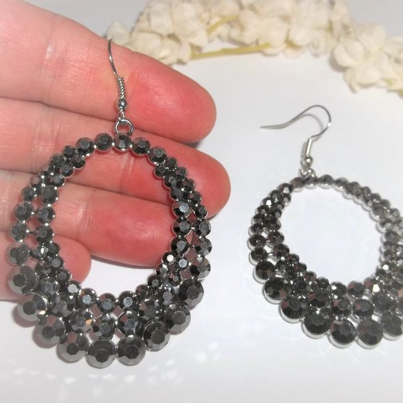 Fashion Jewelry Jewelry - Earrings Hoops Edgy Hematite Dark Grey and Silver Rhinestone Drop Dangle A495